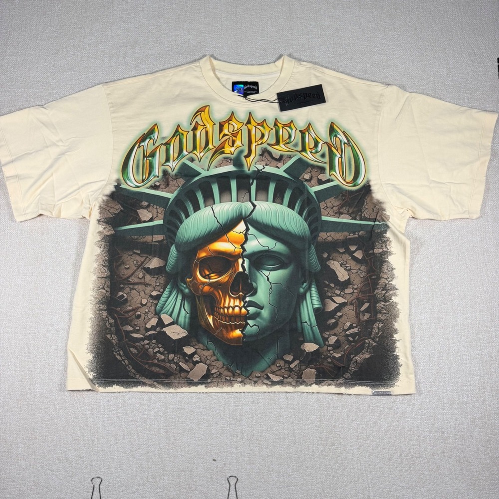 Godspeed Rarity Collection MMXXIV Skull Statue of Liberty Cream T-Shirt Mens XL